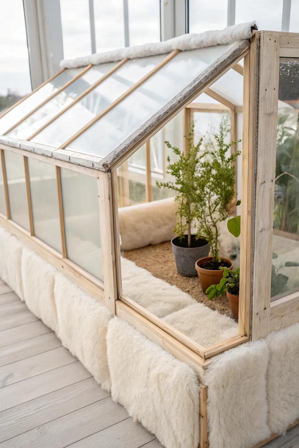 Warmth in Simplicity: Embrace eco-friendly insulation for a sustainable greenhouse sanctuary.