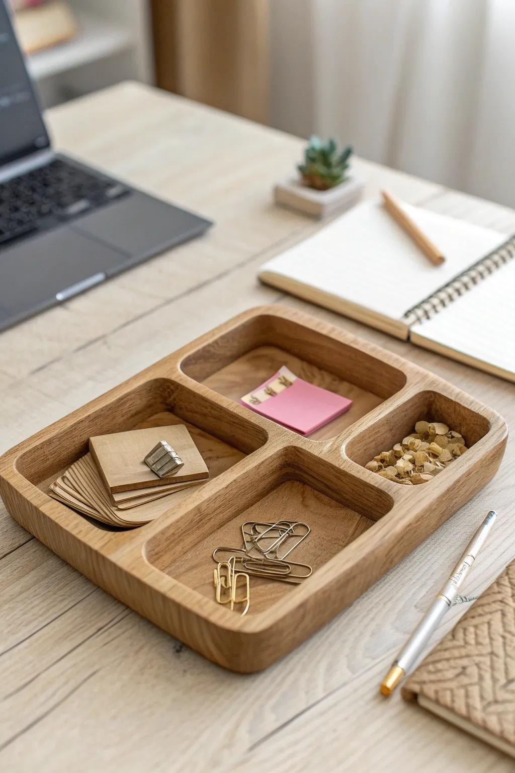 Elevate your desk space with a chic and functional wooden tray, perfect for organizing your essentials in style.