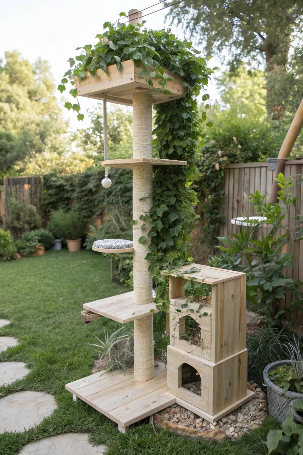Nature's Playground: A serene blend of craftsmanship and garden beauty for your feline friends.