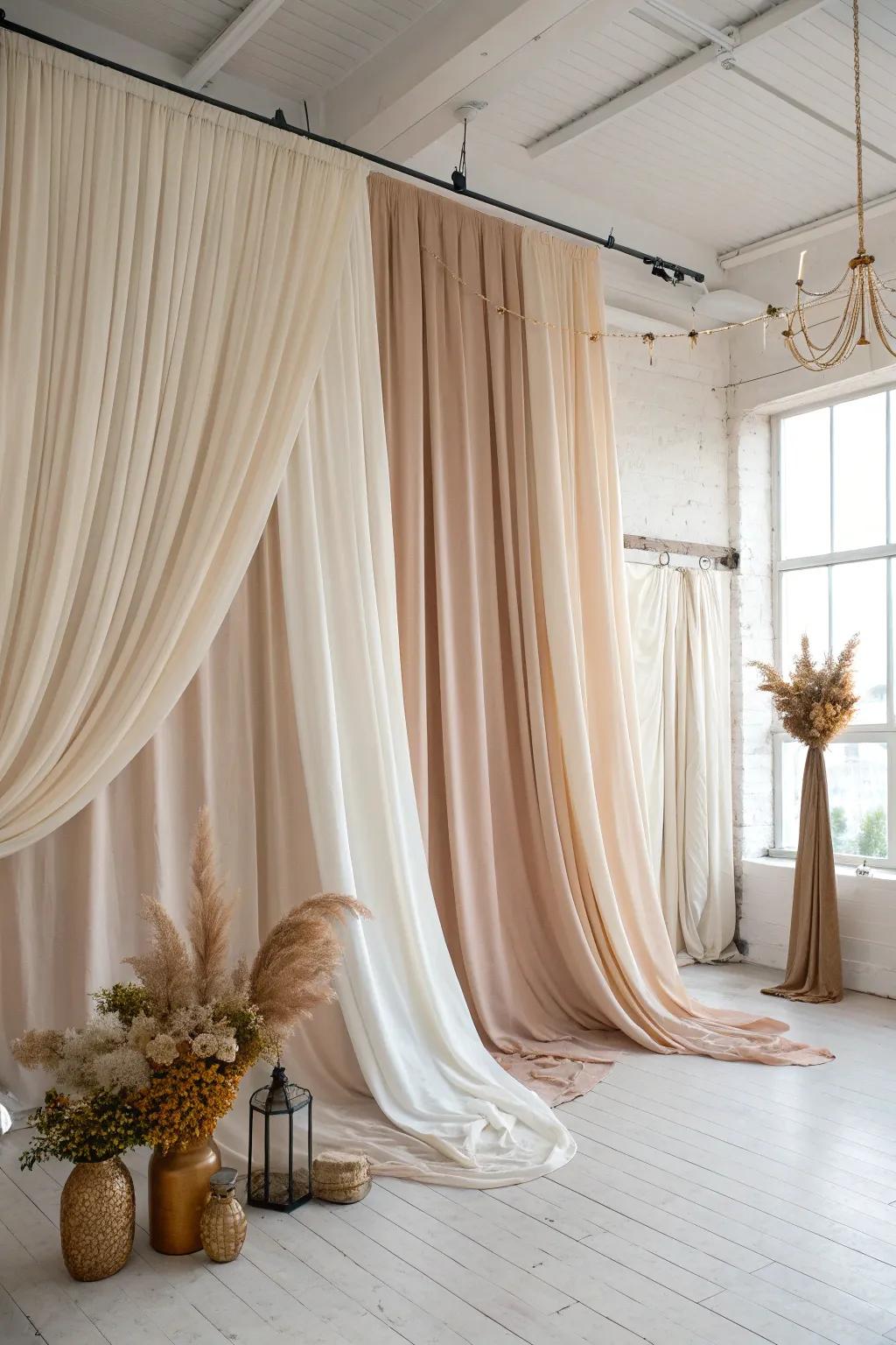 Transform your photoshoot with elegantly draped backdrops that exude minimalist charm and sophistication.