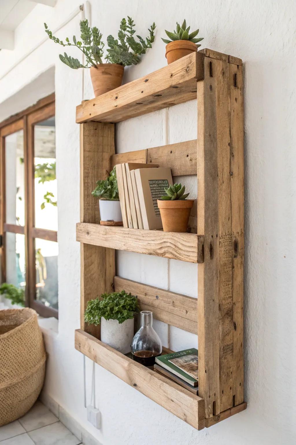 Transform your space with the rustic charm of pallet wood shelves, where every grain tells a unique story.