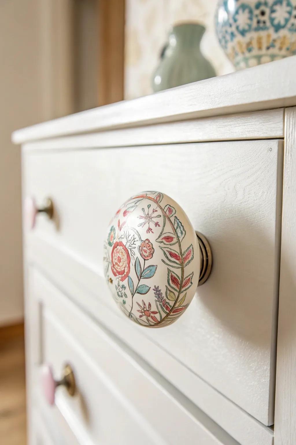 Transform your dresser with artistic hand-painted knobs for a unique touch of elegance.
