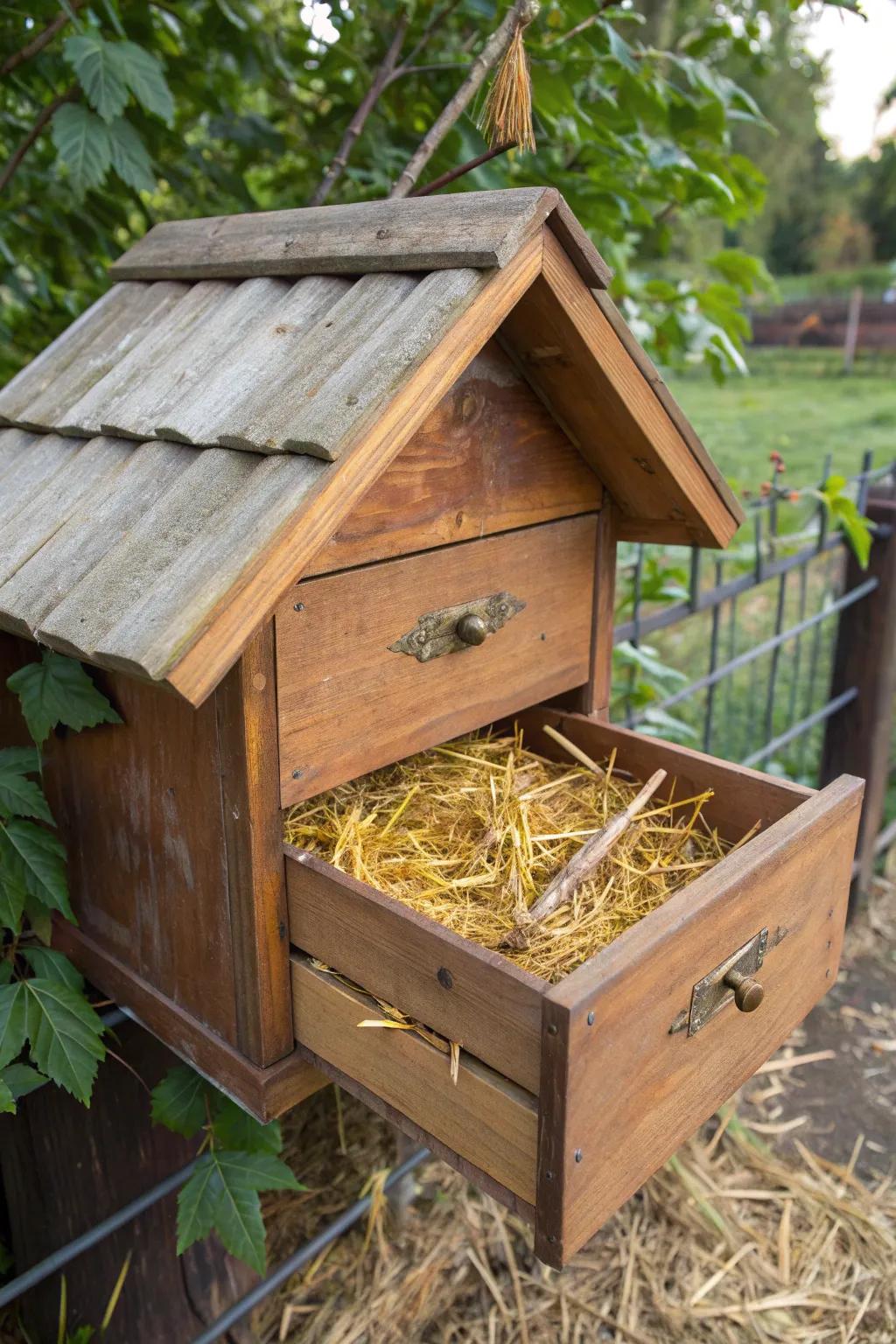 Transform old furniture into a cozy duck haven with this charming DIY drawer nesting box.