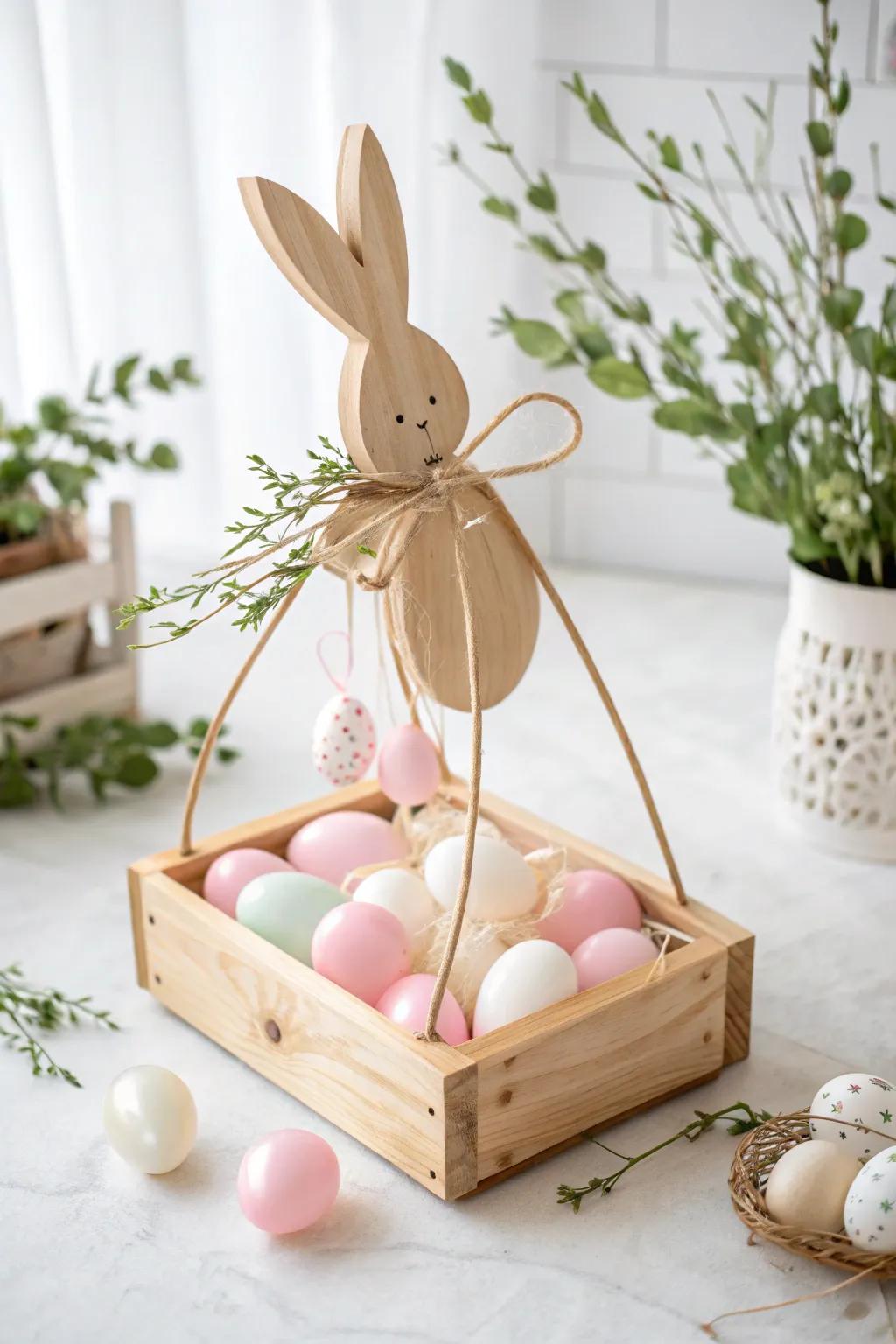 Capture the joy of surprise with a Scandinavian-inspired Easter bunny trap adorned with whimsical pastel balloons.