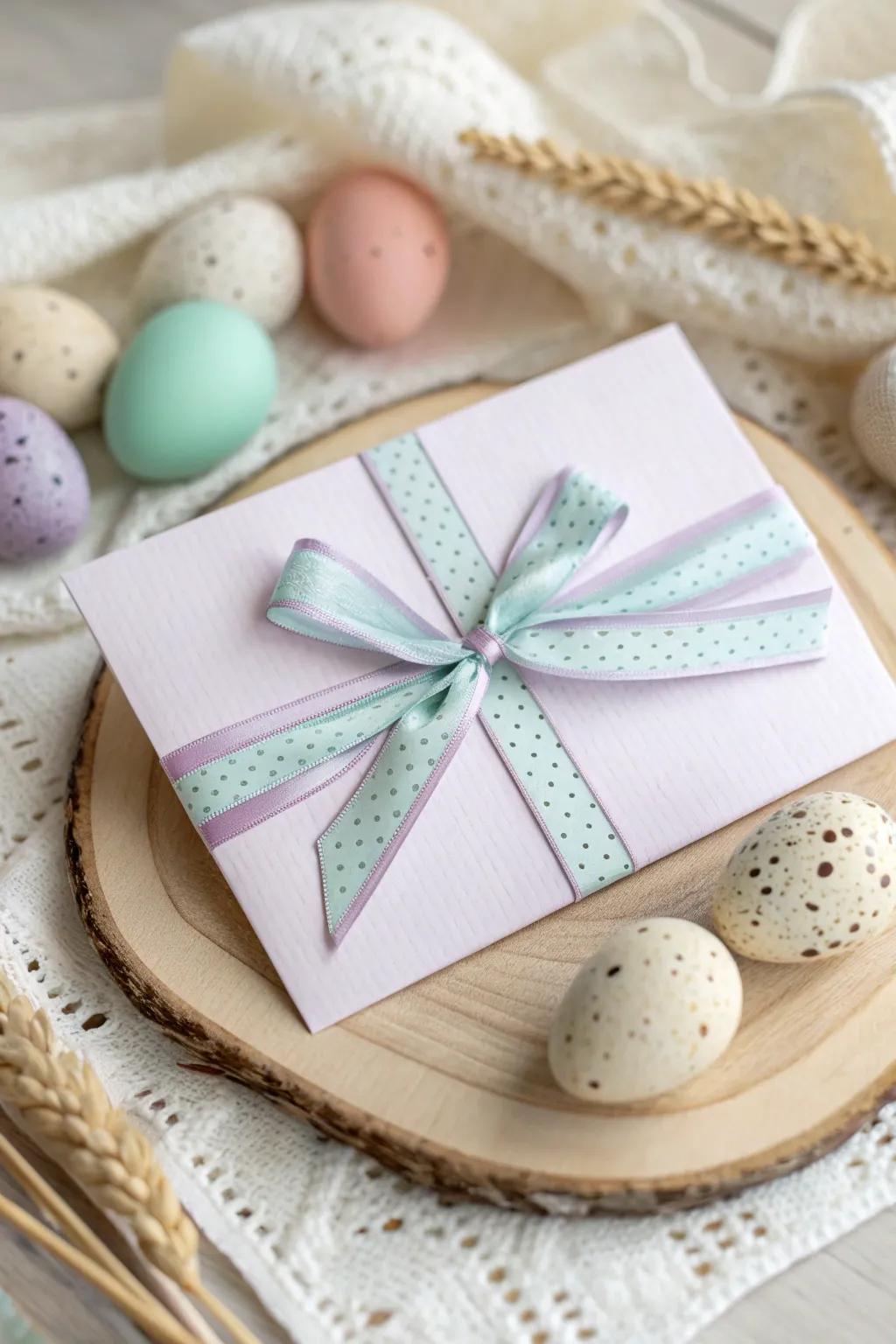 Elevate your Easter greetings with charming ribbon and bow decor for a touch of festive elegance.