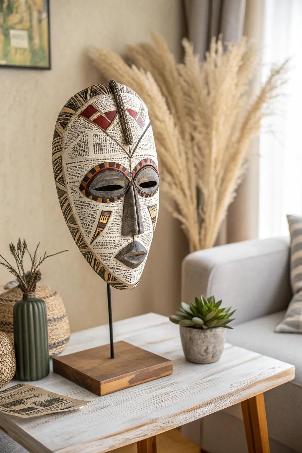 Transform recycled materials into stunning African mask art, blending sustainability with minimalist elegance.