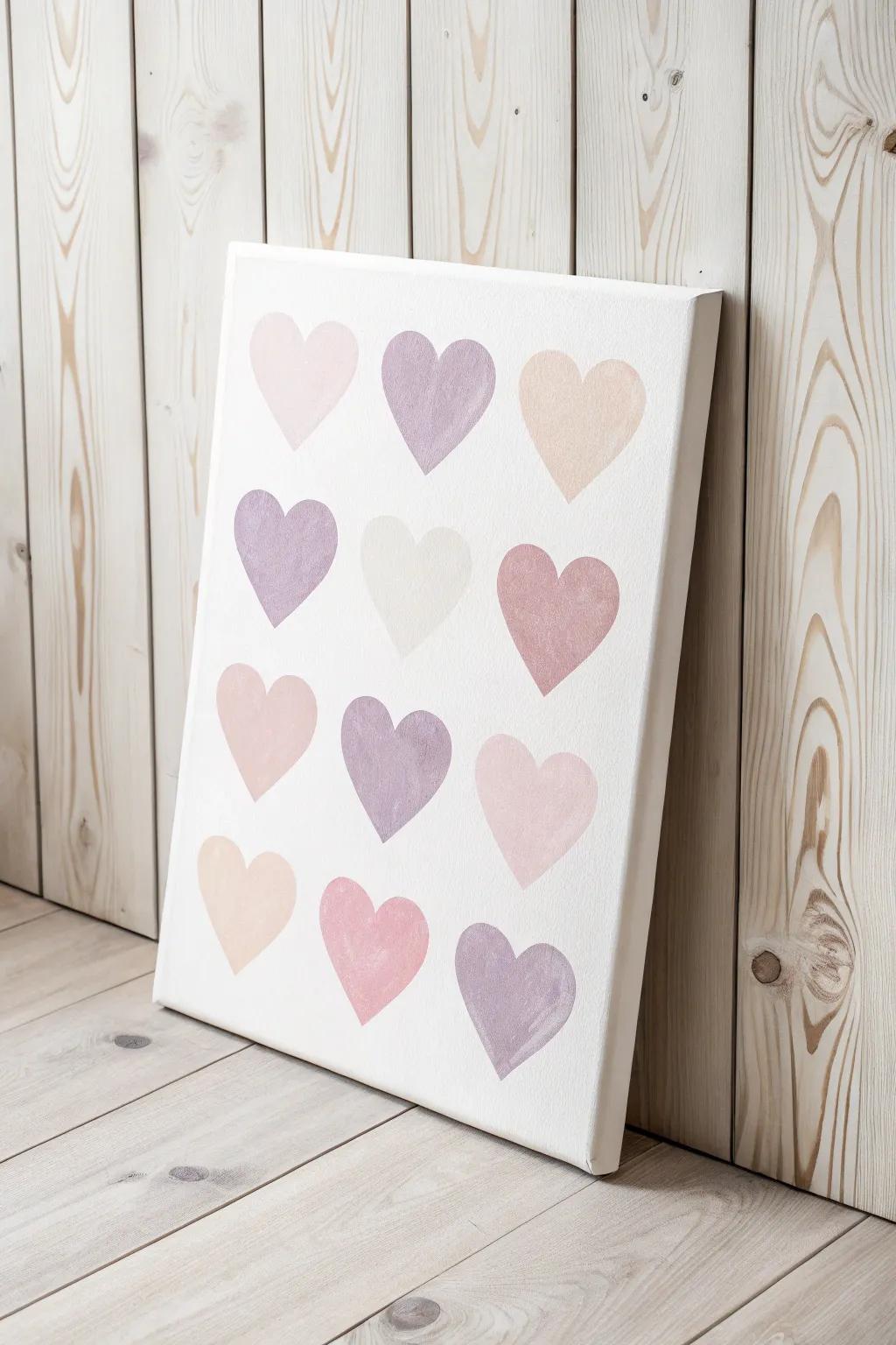 Embrace simplicity with a charming grid of pastel hearts for a modern touch to your gallery wall.