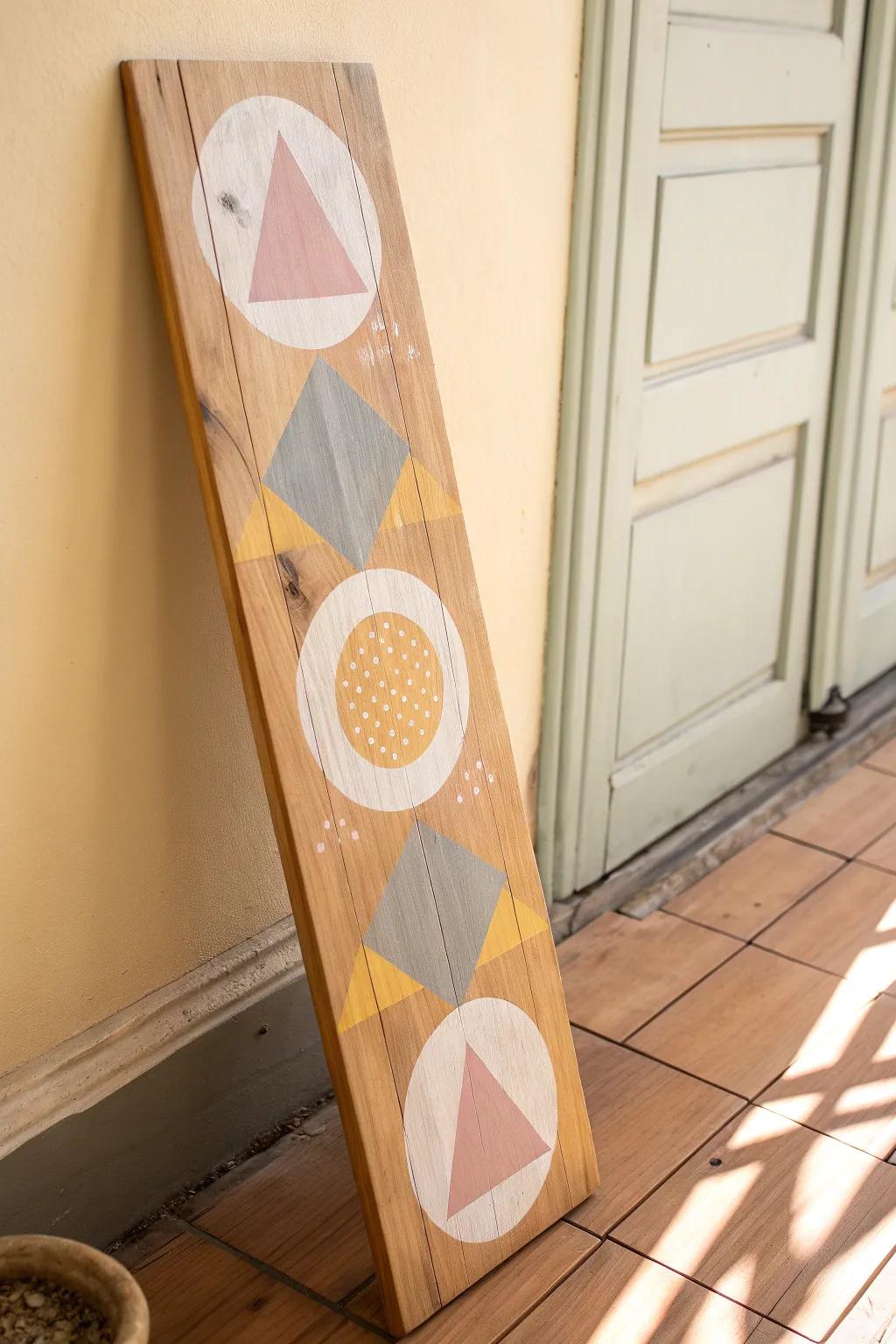 Transform your space with the elegance of geometric patterns on natural wood.