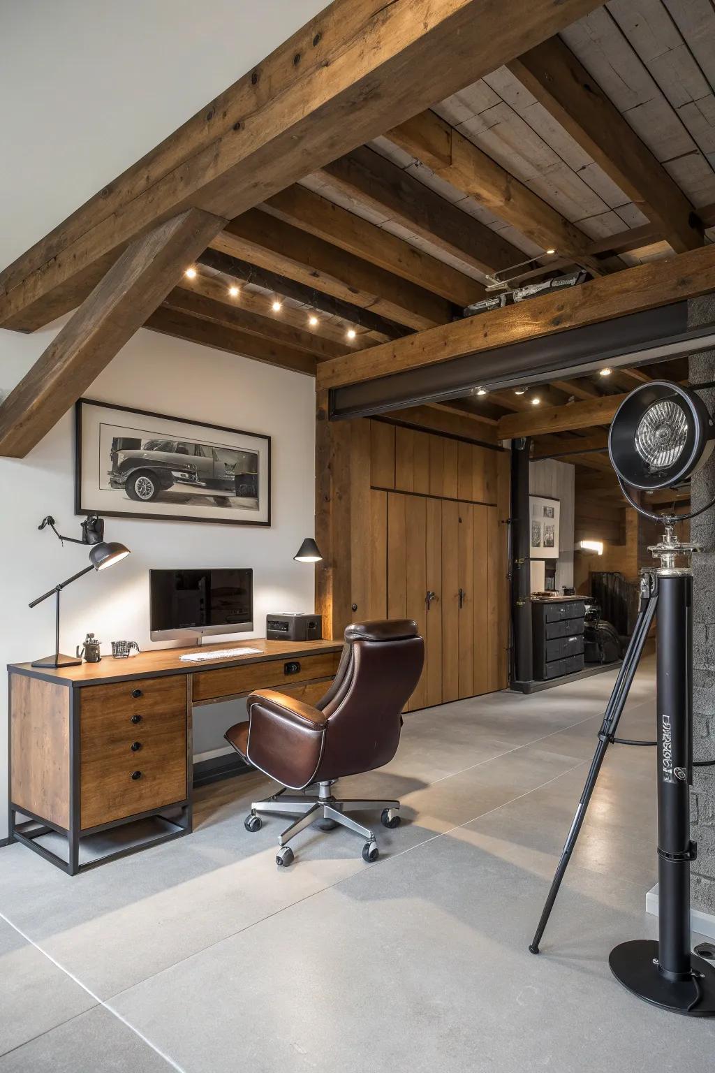 Transform your garage into a chic workspace by embracing its industrial roots with exposed beams and modern design.