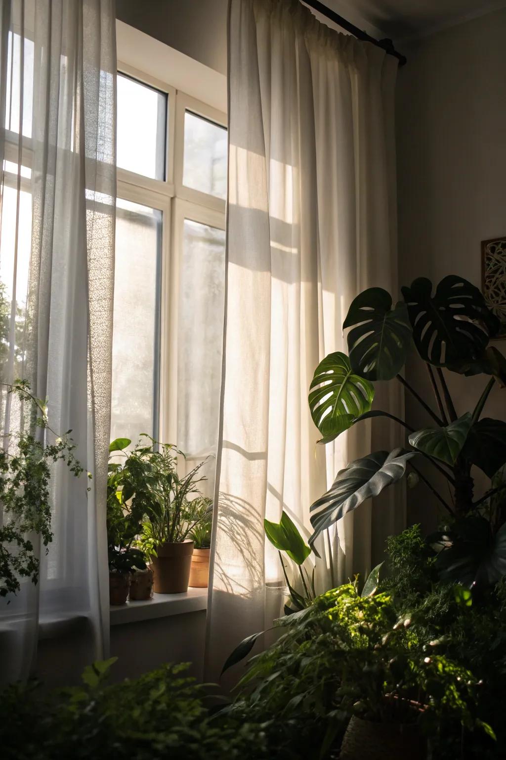 Transform your space into a lush sanctuary with half curtain rods and semi-sheer drapery.