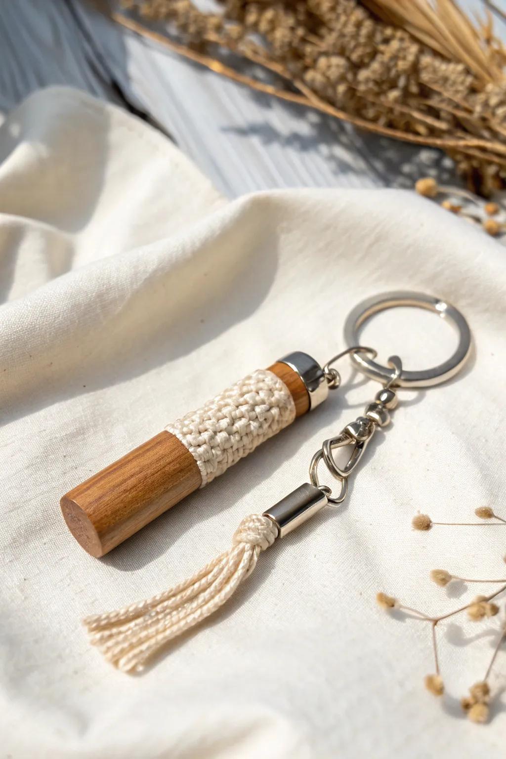 Discover the beauty of mixed materials in this elegantly crafted keychain, where wood, fabric, and metal unite for a touch of minimalist sophistication.