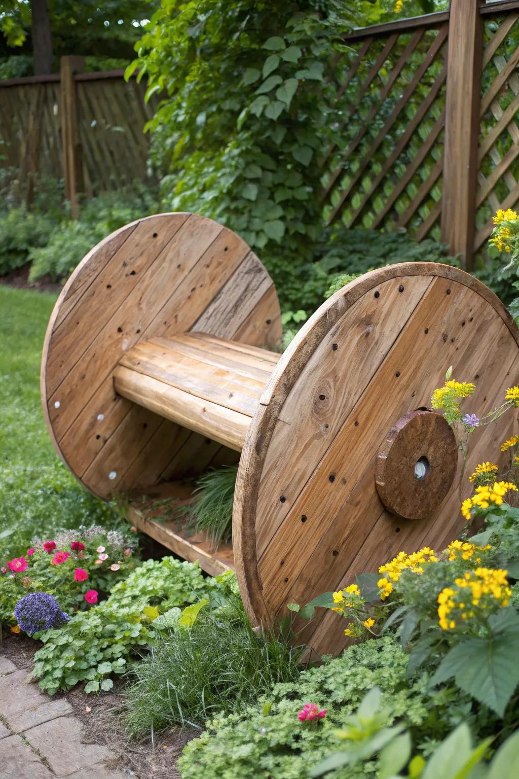 Transform your garden with a handcrafted spool bench – where creativity meets relaxation.