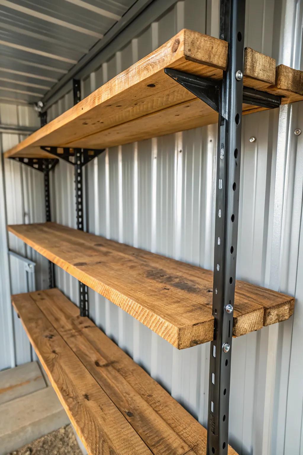 Elevate your shed's style with the perfect blend of rustic wood and industrial metal.