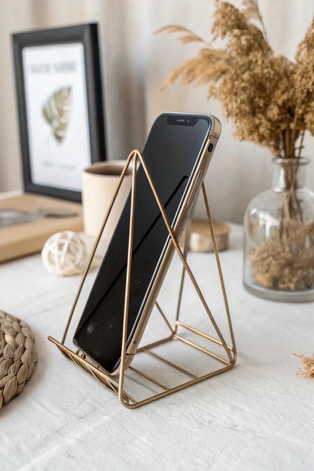 Elevate your phone's style with a chic geometric metal stand — where minimalist design meets boho elegance.