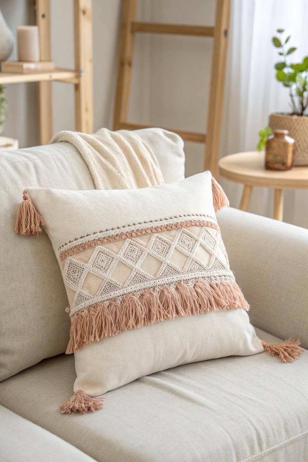 Elevate your space with coordinated color palettes and artisanal trims for a touch of boho elegance.