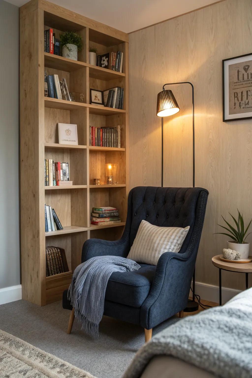Transform your bedroom into a serene escape with stylish plywood shelves and cozy decor.