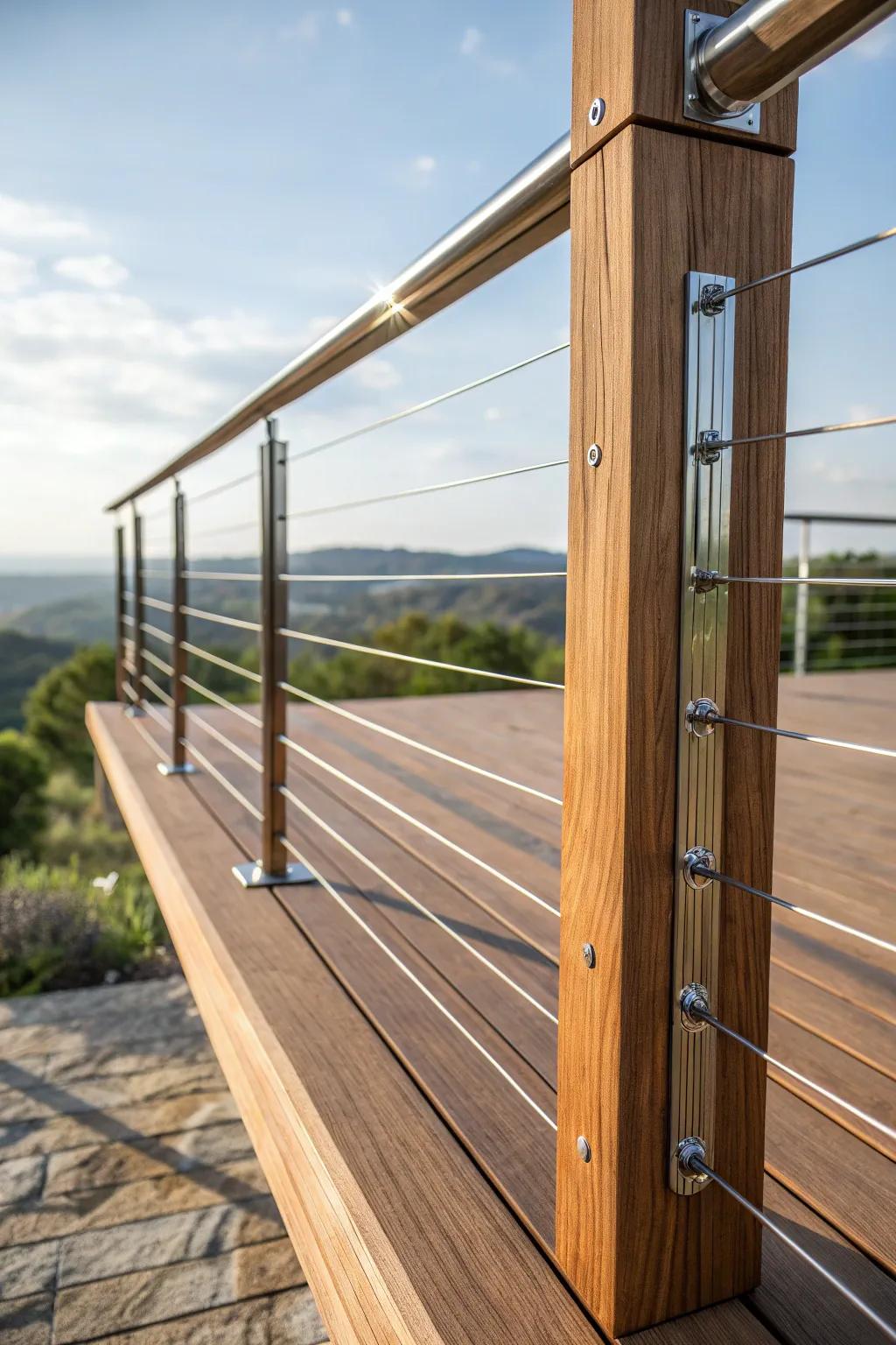 Elevate your deck's style with modern cable railings and classic wood posts.