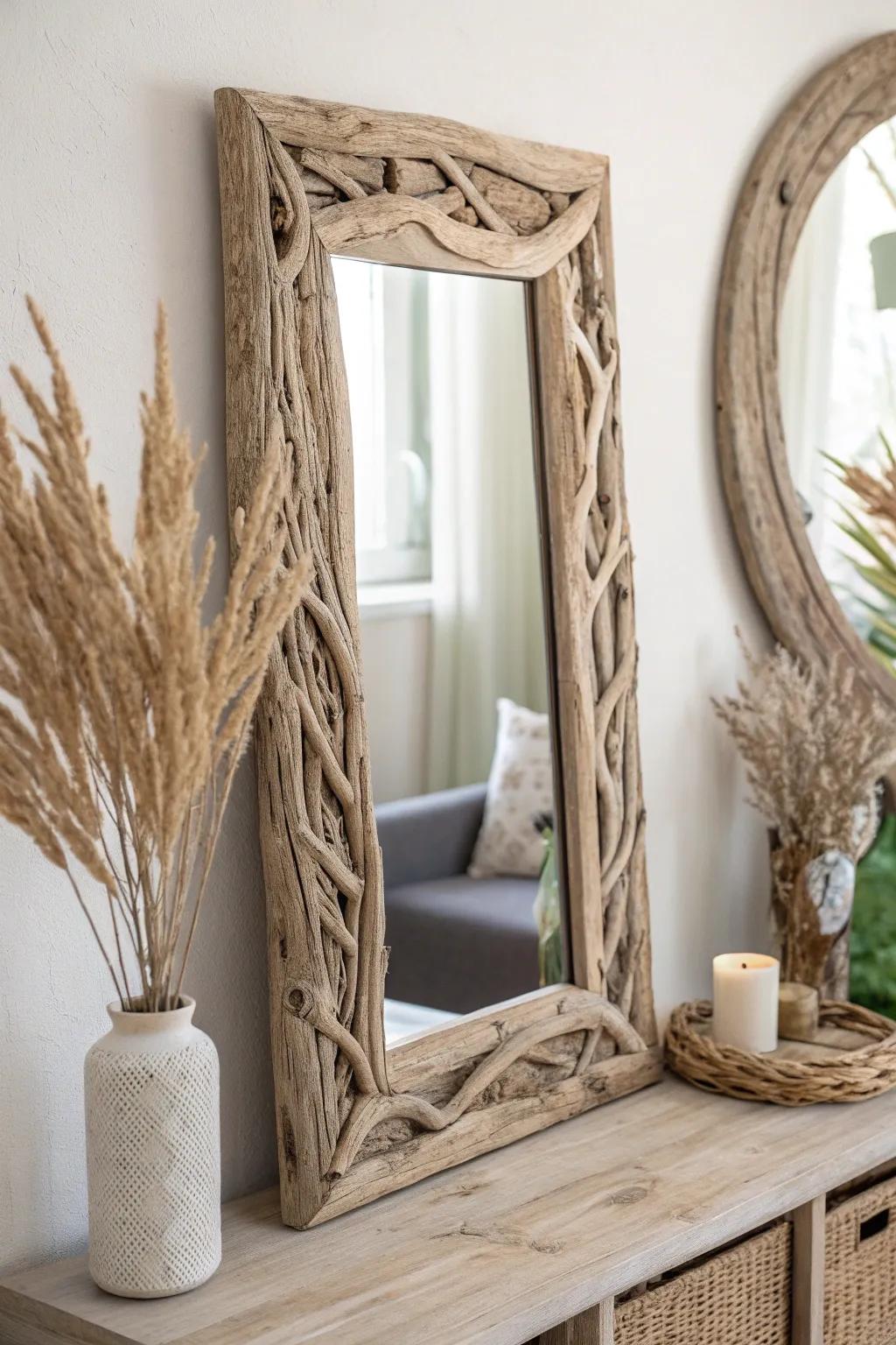 Transform your space with the natural elegance of a custom driftwood mirror frame.