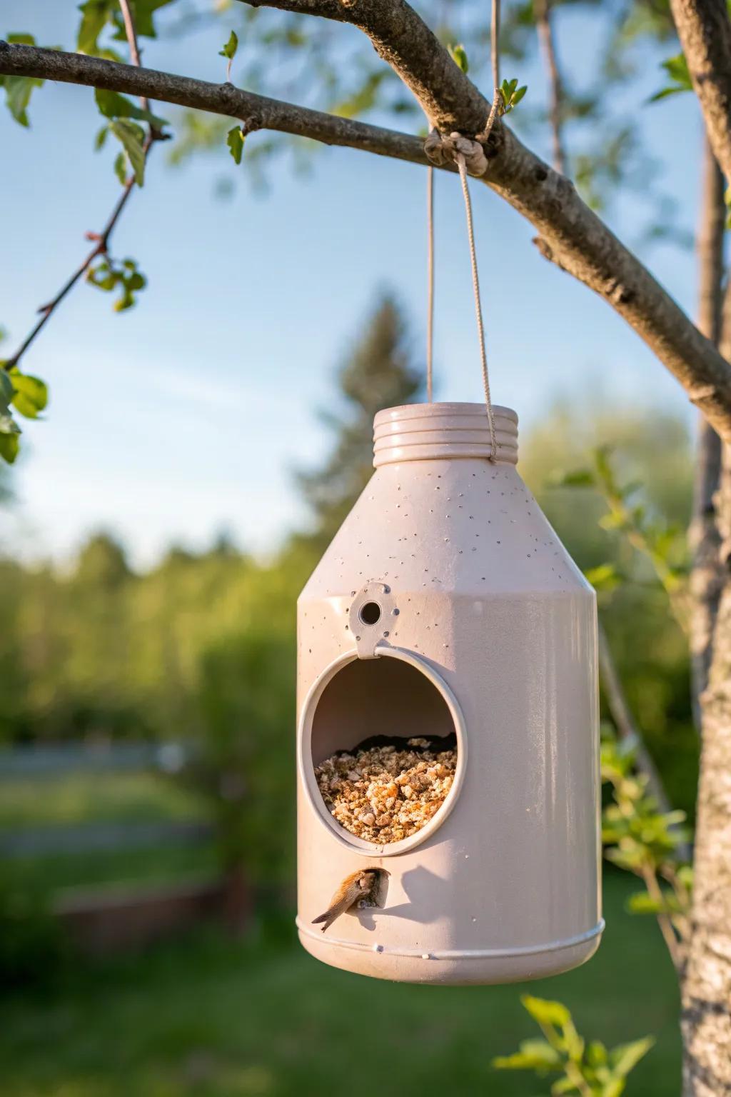 Invite nature to your garden with this charming DIY bird feeder crafted from a simple coffee creamer container.