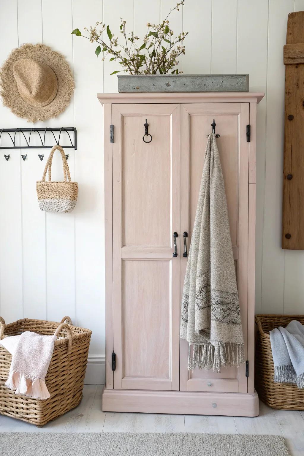 Elevate your entryway with a repurposed cabinet door coat rack that blends Scandinavian simplicity with boho charm.
