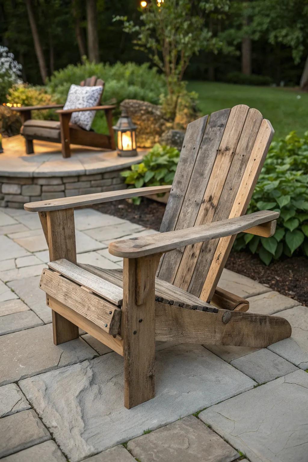 Embrace rustic charm with this handcrafted Adirondack chair, perfect for unwinding on a summer evening.