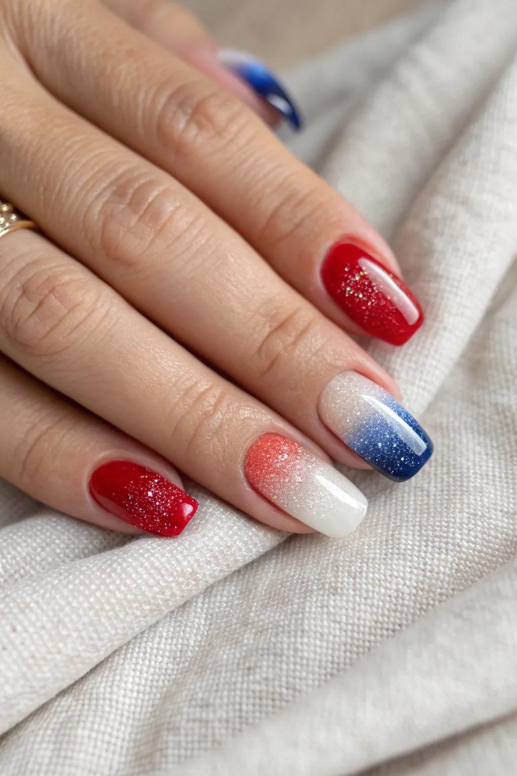 Celebrate the Fourth of July with chic ombre fireworks nails, blending simplicity with a touch of sparkle.