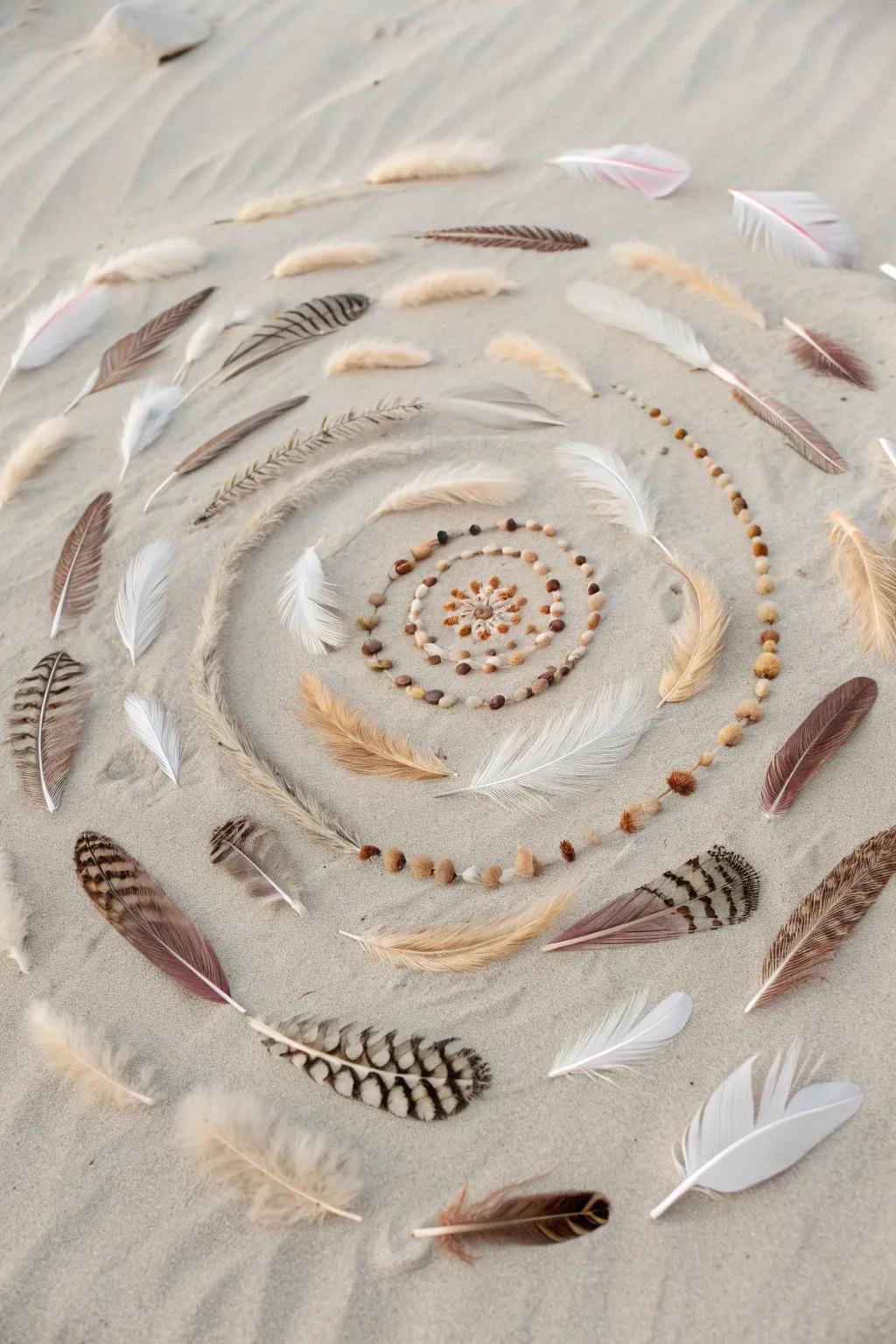 Whimsical Feather Art: Embrace the beauty of simplicity with this delicate feather mandala.