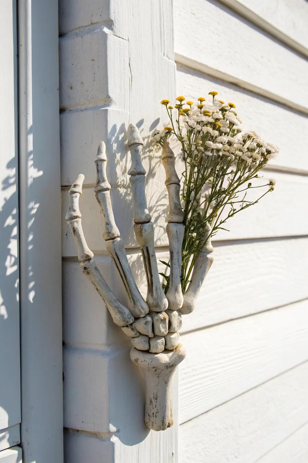 Elevate your wall with minimalist elegance: a skeleton hand that holds nature's beauty.