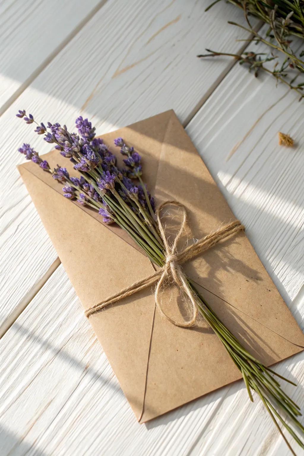 Embrace the simplicity of spring with eco-friendly kraft cards adorned with lavender elegance.