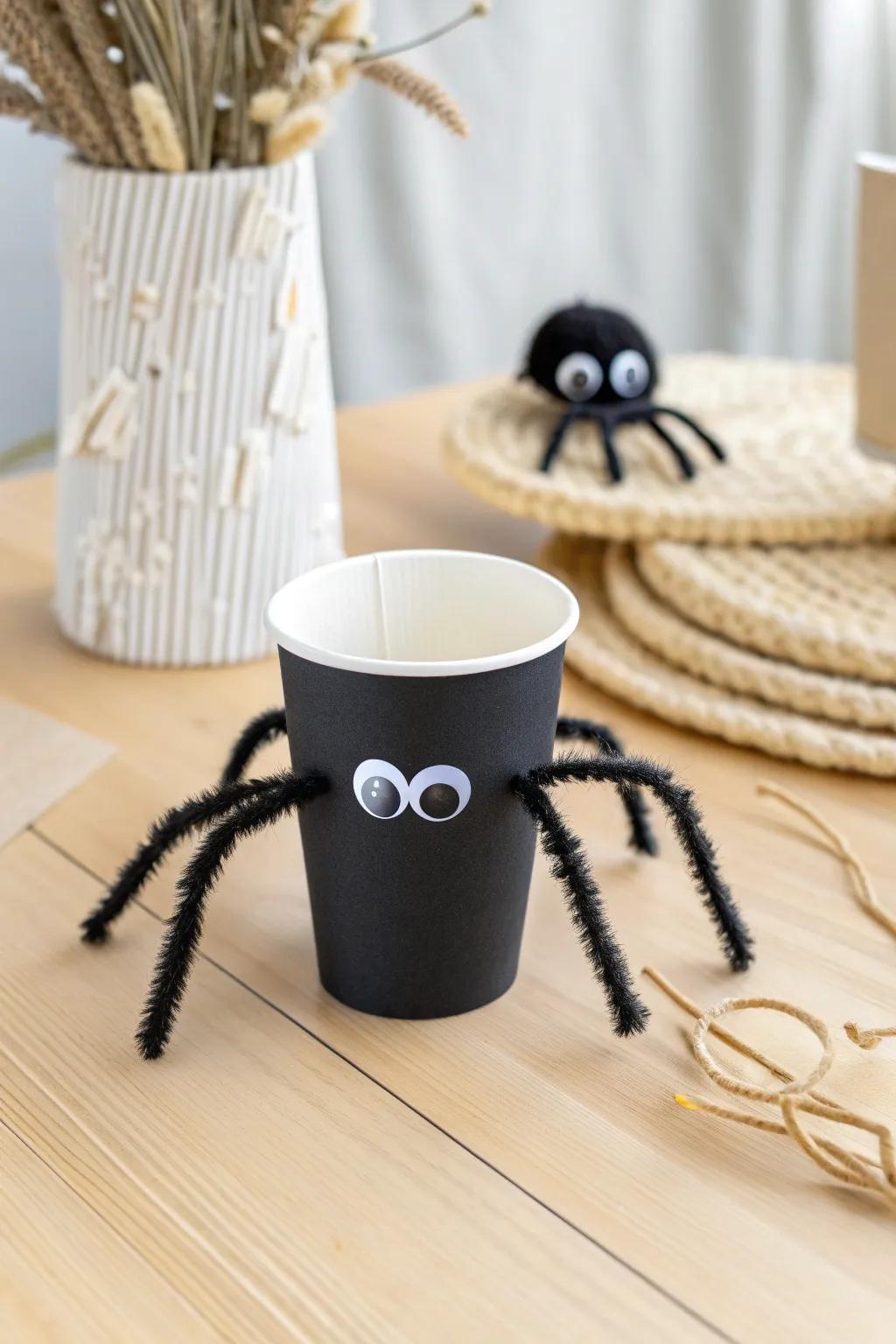 Crafted with love: this charming paper cup spider brings Halloween fun to life with a minimalist touch.