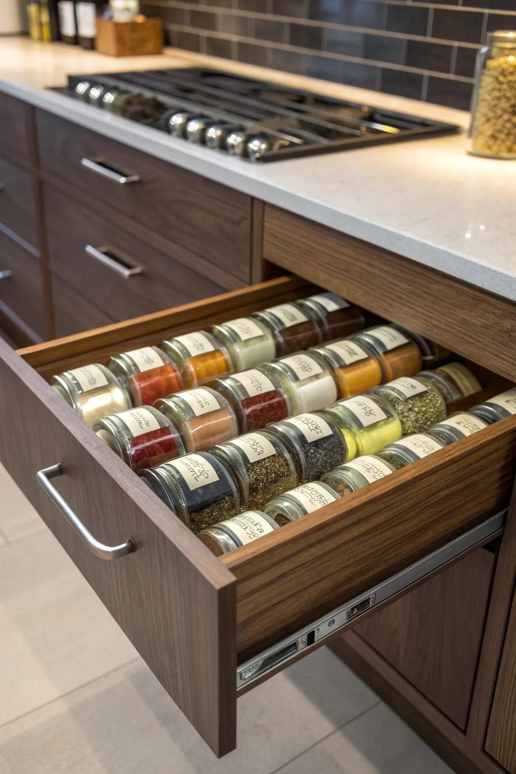 Elevate your kitchen aesthetics with a hidden gem: the ultimate pull-out spice drawer organizer.