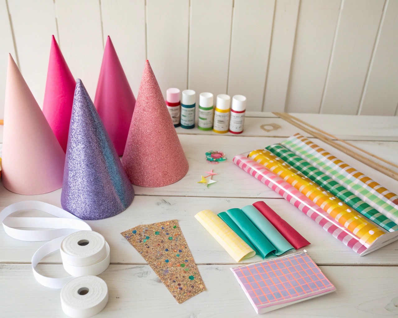 A selection of materials for creating vibrant and personalized handpainted party hats.