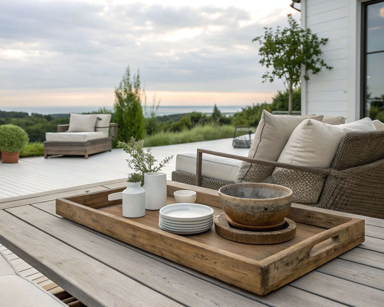 A versatile serving tray can easily be transformed into a functional outdoor table.
