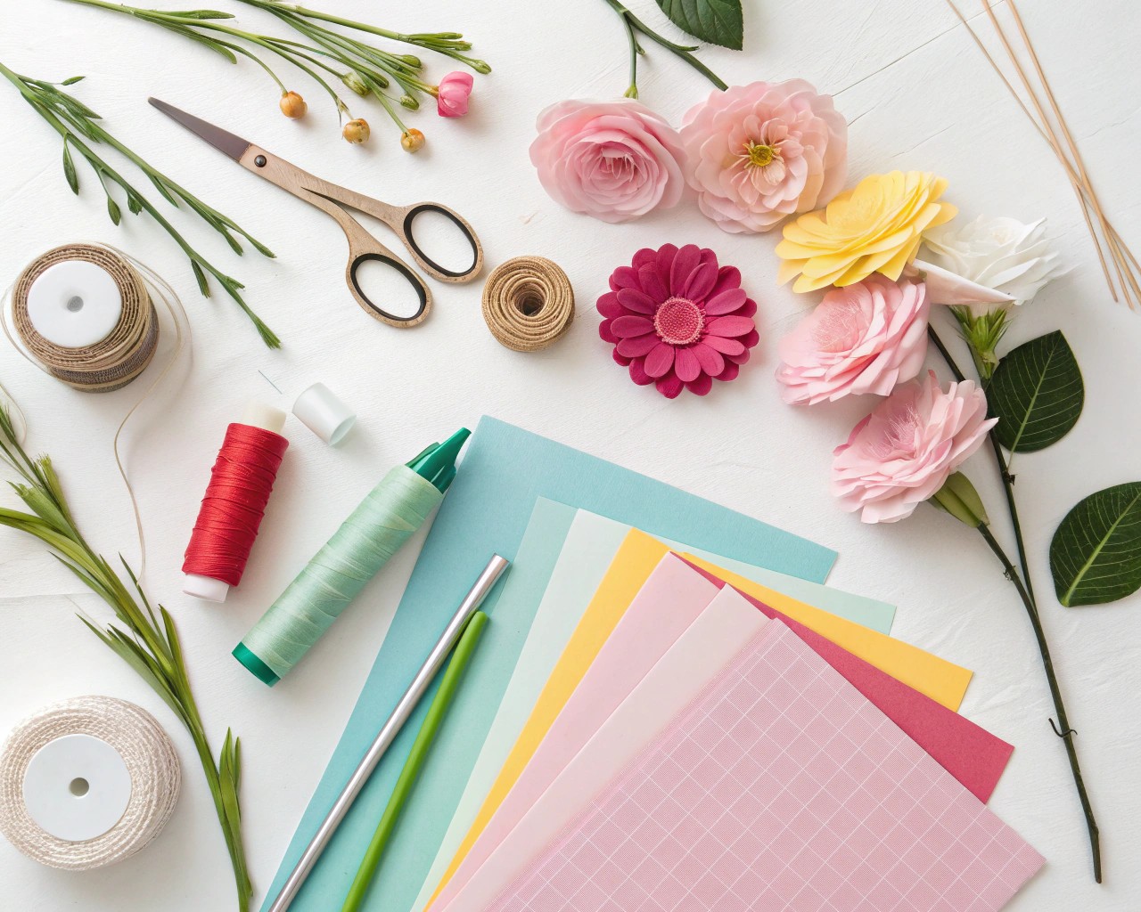 Key materials and tools neatly organized for creating beautiful paper flower stakes.