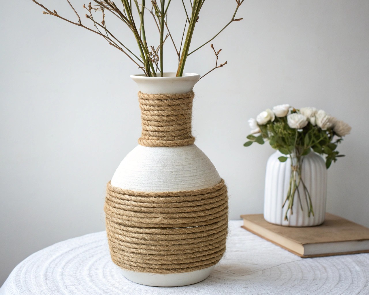 Rope-wrapped vases add tactile depth and warmth to any neutral interior.